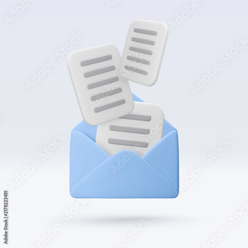 vector 3d blue envelope icon and documents isolated on white. Message, mail, open mail, newsletter subscriptions, business documents, email. Render illustration for banner, web, social media, app