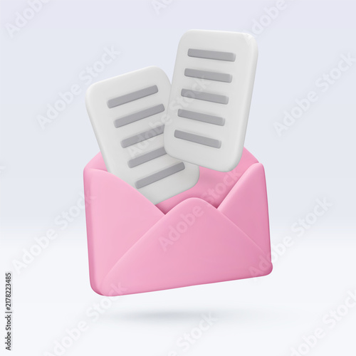 vector 3d pink envelope icon and documents isolated on white. Message, mail, open mail, newsletter subscriptions, business documents, email. Render illustration for banner, web, social media, app