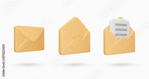 Set vector 3d envelope icon and document isolated on white. Message, mail, open mail, newsletter subscriptions, business documents, email. Render illustration for banner, web, social media, app