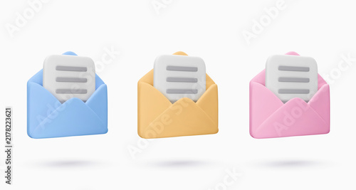 Set vector 3d envelope icon and document isolated on white. Message, mail, open mail, newsletter subscriptions, business documents, email. Render illustration for banner, web, social media, app