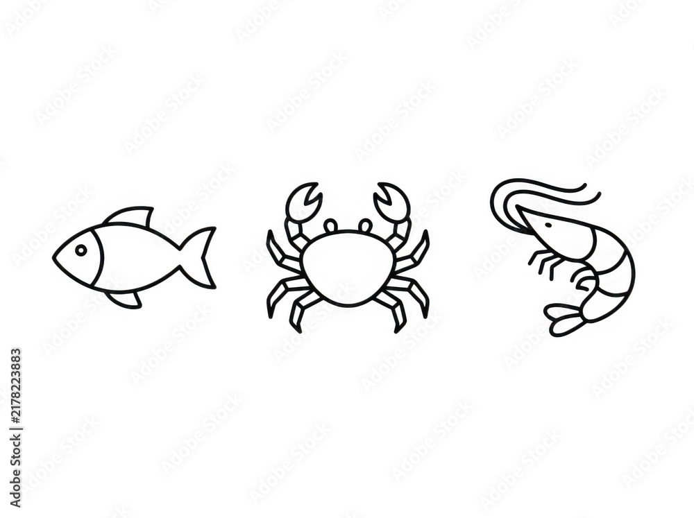 Fototapeta premium Seafood icons fish crab shrimp isolated on transparent background set