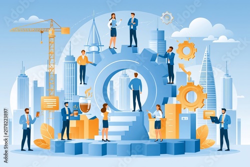 Business people working together on a large gear mechanism in a modern city skyline environment
