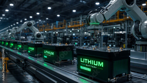 Automated robotic arms handle glowing lithium batteries on a long conveyor belt inside a modern, high-tech manufacturing plant.