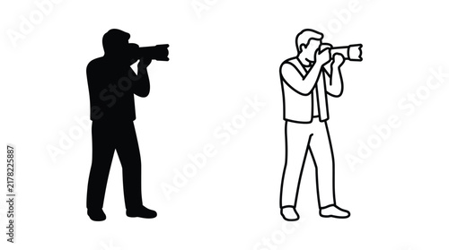 фотографія Photographer with camera black silhouette and line art illustration