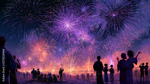 Fireworks Exploding Over a River with Yukata-Clad Crowds