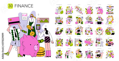 Quadro su tela Finance people managing savings and payments vector set