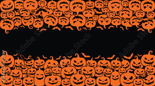 A festive halloween background featuring a dense border of carved orange pumpkins and jack o lanterns with a dark central copy space