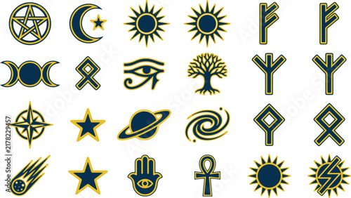 Esoteric Celestial Magic Symbols and Norse Rune Vector Icons Grid