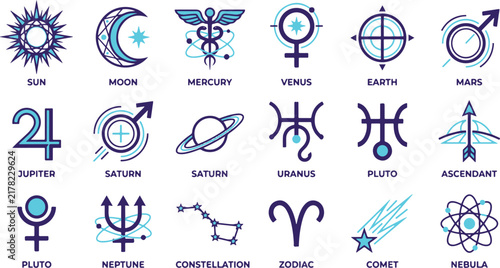 Astrological Planets and Astronomical Symbols Vector Icons Set with Labels