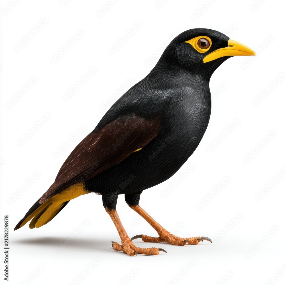Fototapeta premium Common Myna Bird With Black Plumage And Yellow Beak Isolated On A Plain White Studio Background