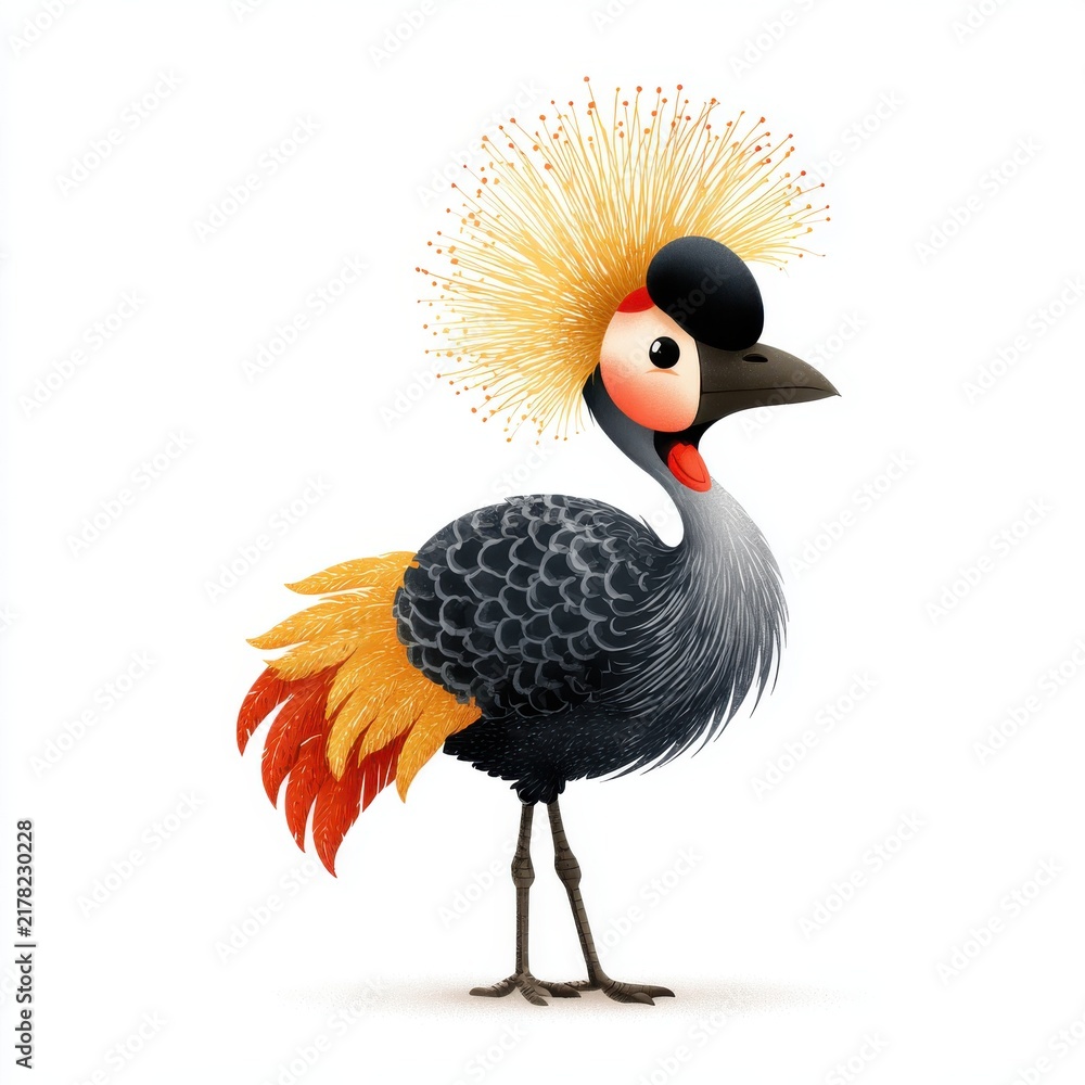 Fototapeta premium Cute Cartoon Grey Crowned Crane Standing Alone On Isolated White Background