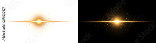Gold sparkle glow burst surrounded by scattered glittering particles and a horizontal light streak for design use in PNG, Transparent and Black Background Versions