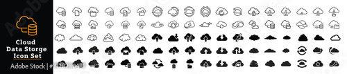 Cloud Data Storage Icon Set, Cloud Computing Upload Download Line and Solid Icons