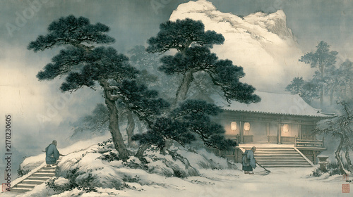 Lone Monk Sweeping Snow from Temple Steps II