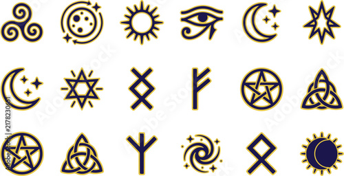 Ancient Pagan Magic Symbols and Sacred Runes Vector Icon Collection