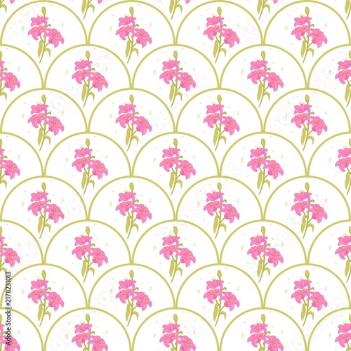 Pink floral seamless pattern with golden scalloped arches on a white background.