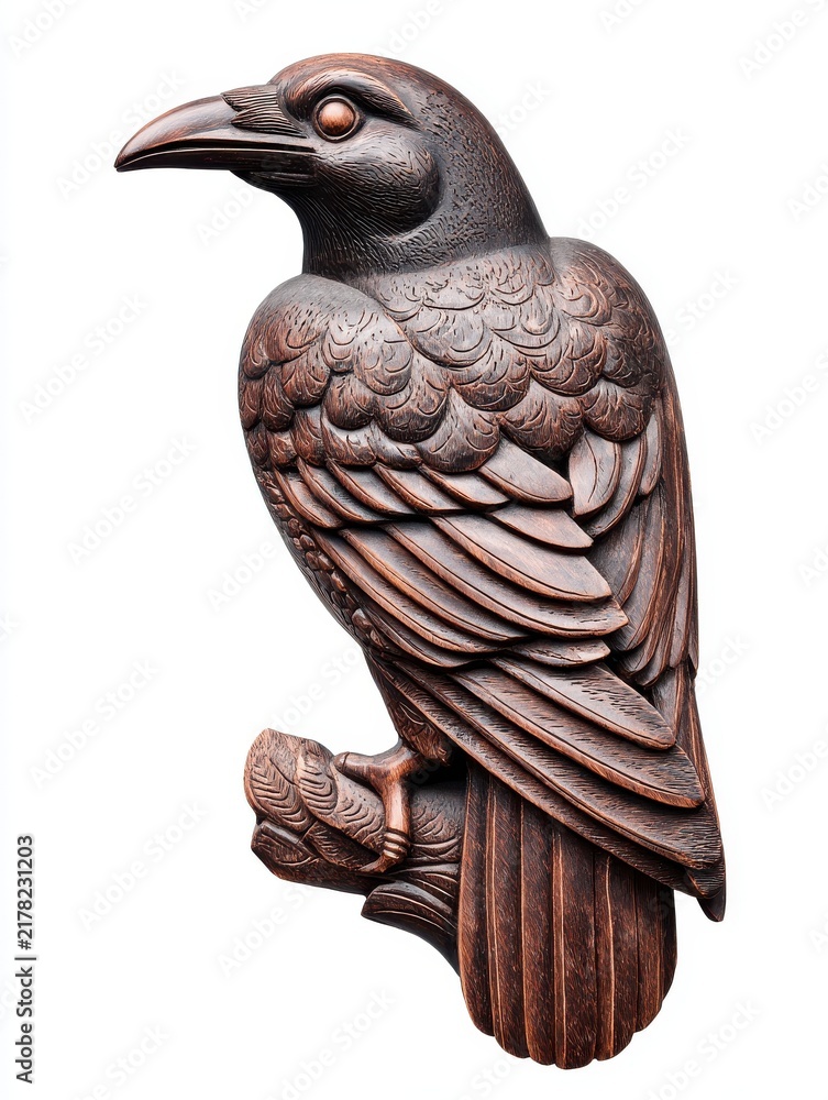 Obraz premium Detailed Bronze Sculpture Of A Raven Perched On A Branch Isolated On A Solid White Background