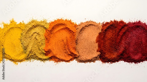 Colorful spice powder spectrum. Turmeric, cumin, paprika, chili and saffron seasoning. Fresh aromatic food ingredients isolated on white background. Culinary cooking ingredients with copy space.