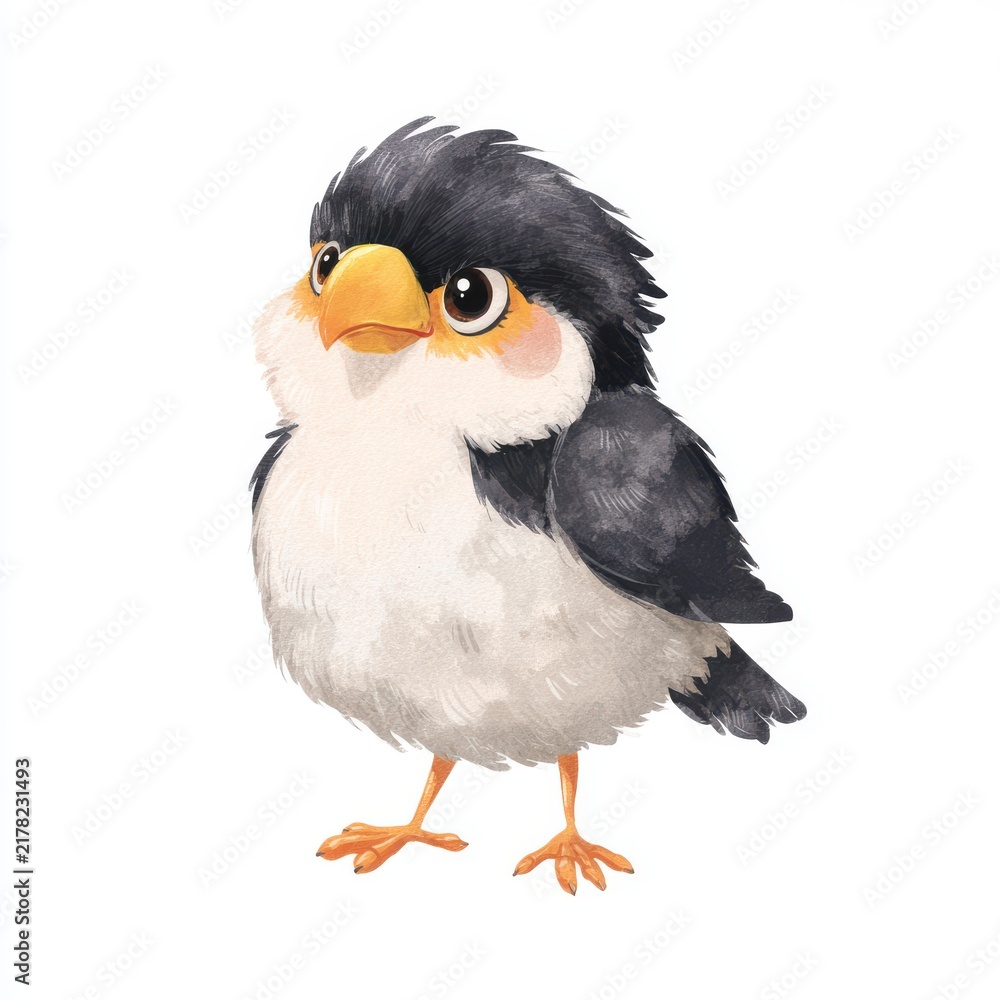 Fototapeta premium Cute Watercolor Illustration Of A Fluffy Small Black And White Bird With Yellow Beak On Plain White