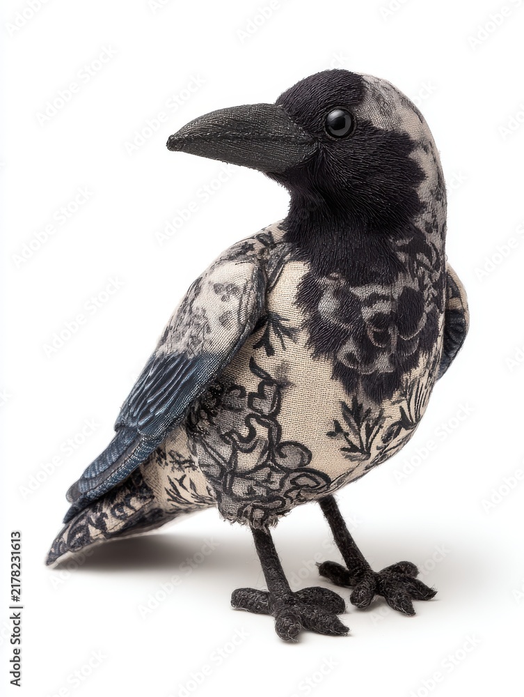 Obraz premium Decorative Crow Figurine With Black Lace Pattern On Beige Fabric Texture Against White Background