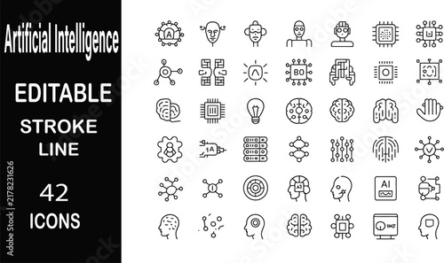 Artificial Intelligence and Machine Learning Line Icon Set for Technology Design