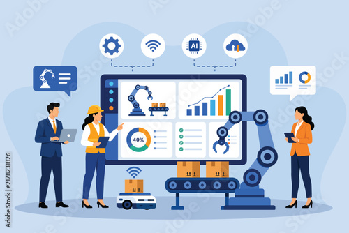 Konstfotografi Flat corporate vector illustration depicting smart factory automation, industrial IoT, and digital transformation