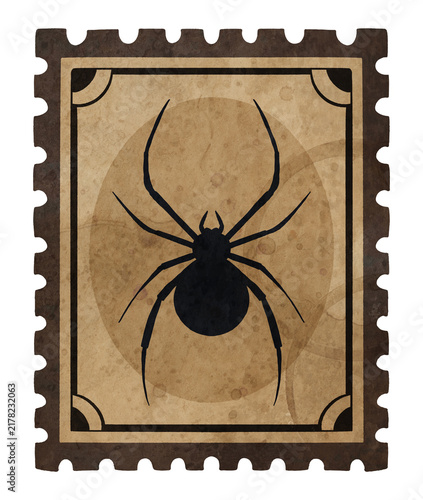 Vintage Halloween Paper Postage Stamp with Spider. Old scrapbook mark with black arachnid silhouette for journal, collage and spooky design