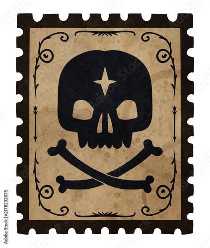 Antique Halloween Paper Postage Stamp with Skull and Crossbones. Vintage scrapbook mark with gothic death symbol for journal and collage design