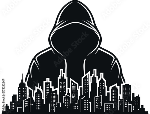 Bild auf Leinwand Hacker in Hood Over City Skyline Vector Silhouette

Cyber Security and Anonymous