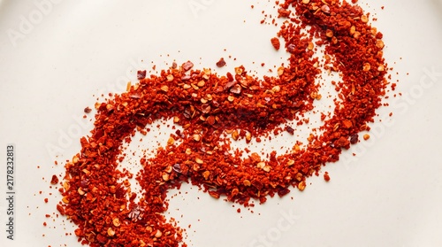 Colorful spice powder spectrum. Turmeric, cumin, paprika, chili and saffron seasoning. Fresh aromatic food ingredients isolated on white background. Culinary cooking ingredients with copy space.