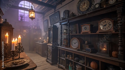 Mysterious Victorian antique shop interior with vintage clocks and glowing candles at night