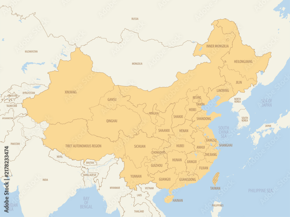 Obraz premium Colored map china with provincial divisions, detailed vector illustration