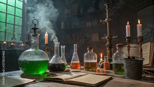 Abandoned Victorian scientist laboratory with steaming green chemical potions and candles