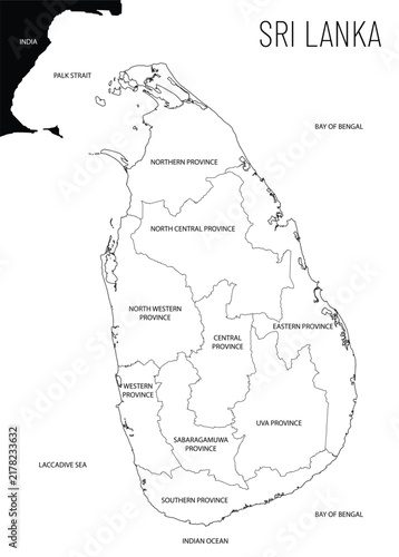 Bild auf Leinwand detailed vector black and white map of sri lanka with provincial borders, major