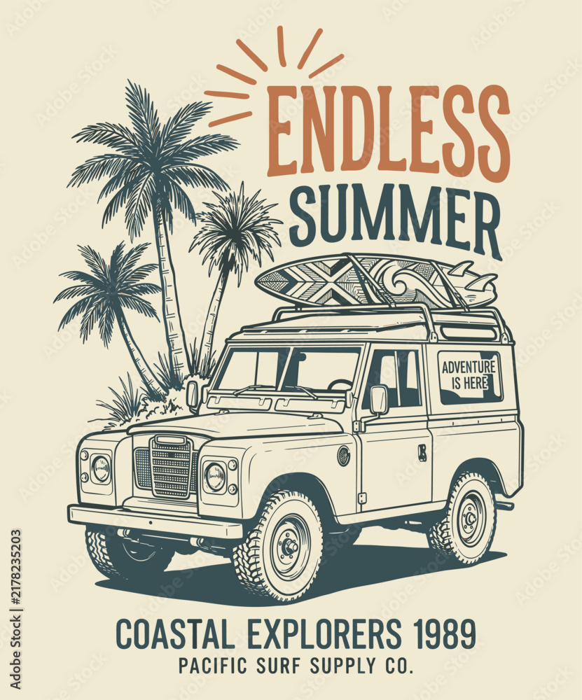 Obraz premium Endless summer surf design. Vintage off road vehicle. Coastal explorer graphic print