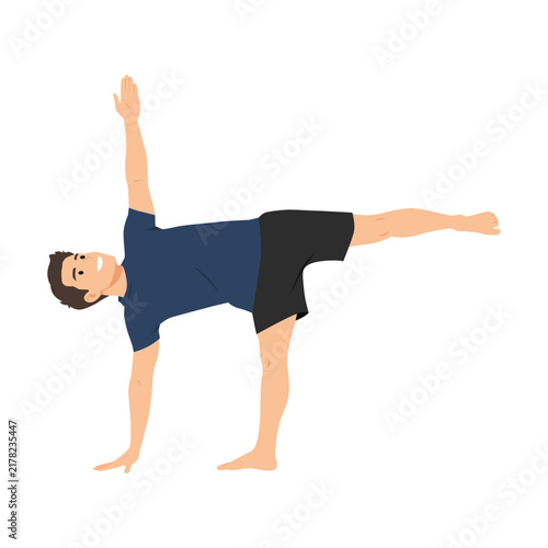 Man Performing Parivrtta Ardha Chandrasana. Revolved Half Moon Pose. Flat vector illustration isolated on white background