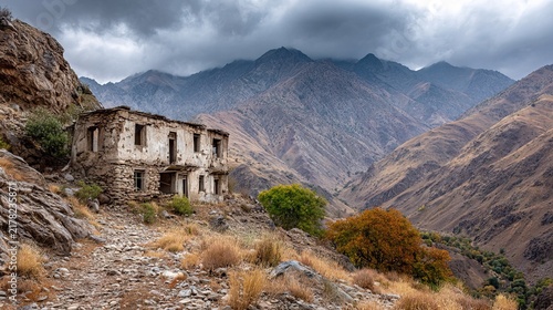 Remote Mountain Village with Rustic Houses and Scenic Landscape.