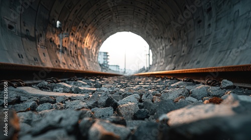 View Inside Railroad Tunnel Leading to Bright Exit.