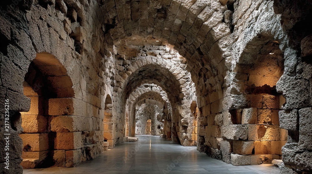 Fototapeta premium Ancient Stone Tunnel Passage with Arched Ceilings and Warm Lighting.