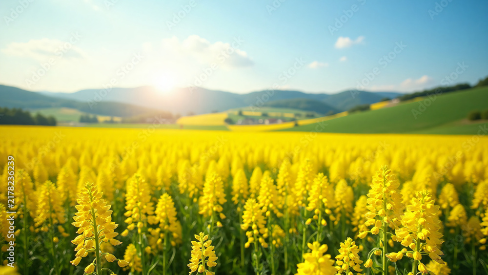 Fototapeta premium Golden Field with Morning Light and Rolling Hills