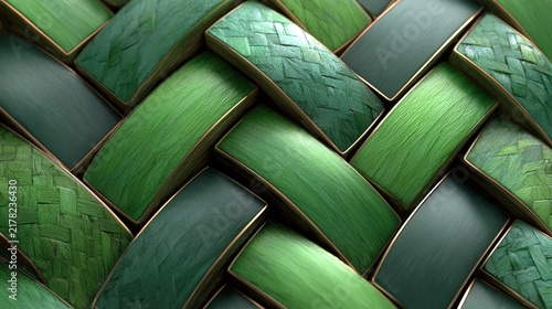 Close-up of Interwoven Green Bamboo Strips Showing Texture and Pattern.