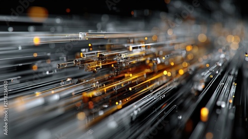 Close-up of Metallic Microchips with Circuitry and Data Transfer.
