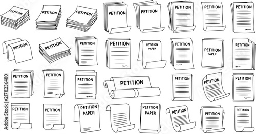 Hand-Drawn Petition Documents  Papers Sketch Set. Collection of various styled petition forms, stacks, scrolls, and single sheets, vector illustration.