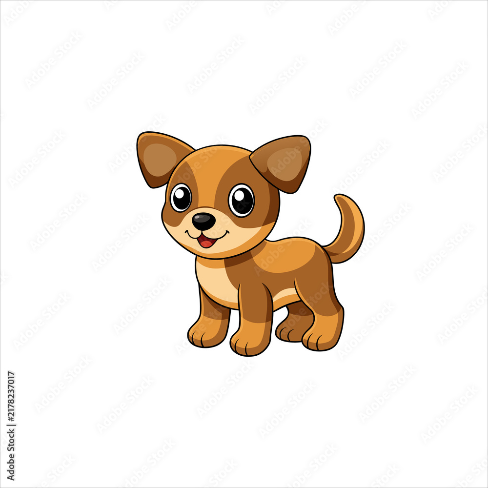Fototapeta premium Cute cartoon puppy illustration with brown fur and big eyes on white background