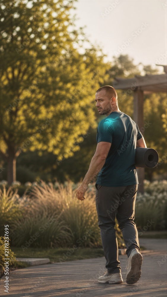 Obraz premium Man with highlighted shoulder pain walking in park with yoga mat. Shoulder joint injury and muscle ache concept. Sports injury, physiotherapy and orthopedic health for fitness and medical design.