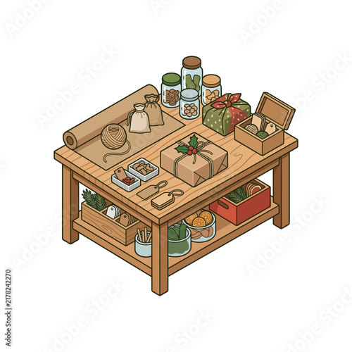 Wooden table filled with eco-friendly gift wrapping materials and reusable glass jars.