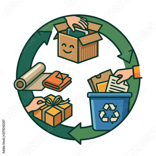 Recycling diagram showcasing sustainable packaging practices with cardboard boxes and paper.