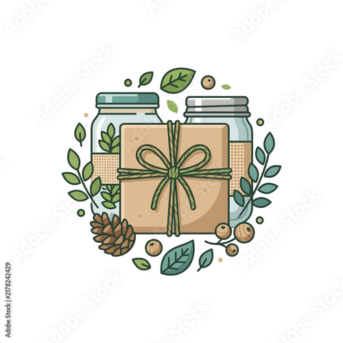 Cardboard gift box tied with green string sits between two glass jars filled with leaves and pinecone accents.