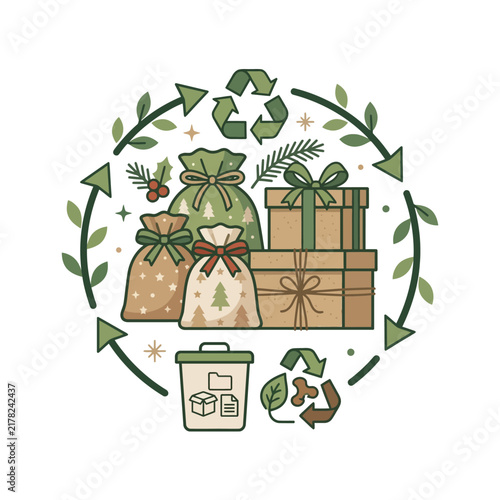 Sustainable Christmas gifts wrapped in reusable fabric bags and cardboard boxes are encircled by green recycling arrows.