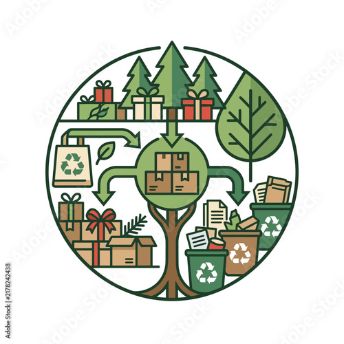 Eco-friendly packaging diagram shows the lifecycle of sustainable boxes and recycling bins arranged in a circle.